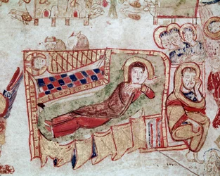 El Nacimiento y la Anunciación a los Pastores (miniatura tomada del Exultet, principios del siglo XI, Museo Diocesano, Gaeta)