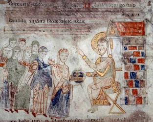 Arte bizantino: “Los representantes de los diferentes imperios rinden homenaje a Cristo con ofrendas” Miniatura del “Exultet” de principios del siglo XI Museo Diocesano, Gaeta