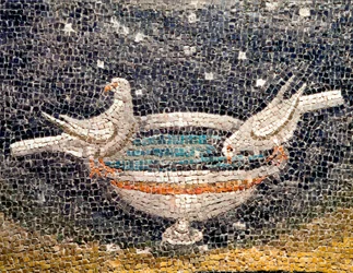 Arte bizantino: Palomas bebiendo en la fuente. Detalle de un mosaico. 425 aprox. Mausoleo de Gala Placidia (390-450), emperatriz romana. Rávena, Italia