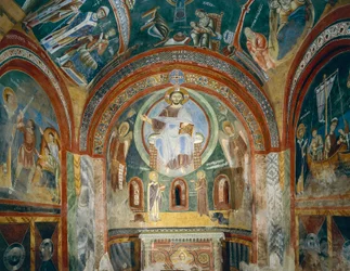 Capilla de san Eldrado y san Nicolás con frescos románicos de estilo bizantino, finales del siglo XI, abadía de Novalesa, Piamonte, Italia