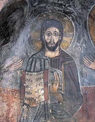 Primer plano de un fresco de un pantocrátor, Cristo Pantocrátor, Zoupena, Esparta, Peloponeso, Grecia