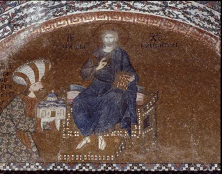El donante Teodoro Metoquites presenta su iglesia a Cristo (Mosaico de 1310-1320)