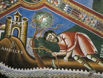 Eldrad labrando la tierra en Ambilly, Provenza, detalle de las Historias de la vida de San Eldrad, frescos románicos en estilo bizantino, finales del siglo XI, Capilla de San Eldrad y San Nicolás, Abadía de Novalesa, Piamonte, Italia