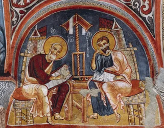 Evangelistas Lucas y Mateo escribiendo los Evangelios, Karanlik Kilise (Iglesia Oscura) (siglos XII-XIII), Goreme (Lista del Patrimonio Mundial de la Unesco)