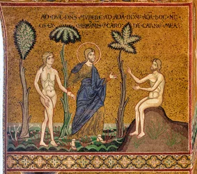 Dios presenta a Eva a Adán, mosaico bizantino, XII-XIII seg, en la contrafachada (mosaico)