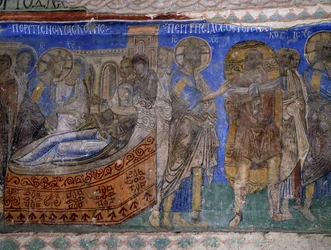 Curación de la suegra de Simón Pedro y del hombre paralítico, fresco bizantino (siglo XII), Tokali Kilise (Iglesia de la Hebilla) (siglos XII-XIII), Goreme (Lista del Patrimonio Mundial de la Unesco)