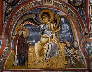 Mujeres santas en la tumba y aparición del ángel, fresco bizantino (siglo XII), Karanlik Kilise (Iglesia Oscura) (siglos XII-XIII), Goreme (Lista del Patrimonio Mundial de la UNESCO)