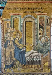 Jesús curando a la suegra de Simón de la fiebre, mosaico bizantino, Episodios de la vida de Cristo, siglos XII-XIII (mosaico)