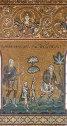 Lamec mata a Caín, mosaico bizantino, Ciclo del Antiguo Testamento-Paraíso Terrenal, siglos XII-XIII (mosaico)