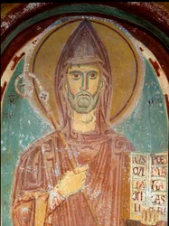 Representación de San Benito de Nursia (siglo VI) (detalle) Fresco de la escuela bizantina. Principios del siglo XIII. Monasterio de San Benito (Sacro Speco), Capilla de San Gregorio en Subiaco (Roma), Italia