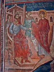 San Jorge ante el emperador Diocleciano (244-311) - San Jorge ante el emperador Diocleciano - Pintura de Damiane (siglo XIV activo) - Siglo XIV - Fresco - Monasterio de San Jorge, Ubisi ©FineArtImages/Leemage