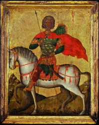 San Menas (Minas, Mina, Mena, Mennas, 285-309) a caballo - Icono bizantino. Temple sobre tabla, Mediados del siglo XV. Dimensión : 27,3x22 cm Museo Ikonen Recklinghausen