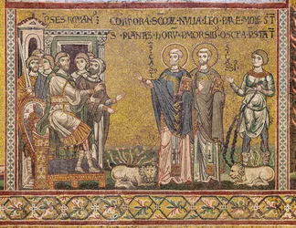 San Casio y San Casto ante el Emperador, mosaico bizantino, siglos XII-XIII, en la contrafachada (mosaico)