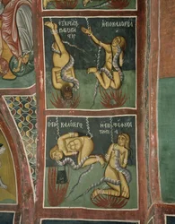 Los condenados: El Usurero y la Monja Pecadora (arriba), el Sacerdote Caduco y la Mala Madre (abajo) (fresco)