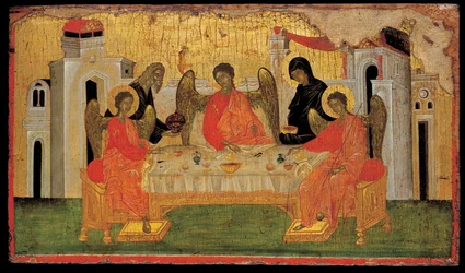 La hospitalidad de Abraham Trinidad del Antiguo Testamento, ca. 1380