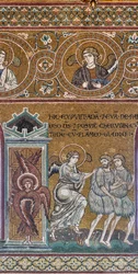 La expulsión del Paraíso Terrenal, mosaico bizantino, Ciclo del Antiguo Testamento-Paraíso Terrenal, siglos XII-XIII (mosaico)