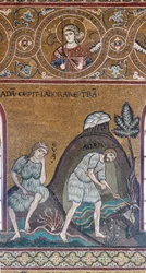 Los trabajos y la obra de Adán y Eva, mosaico bizantino, Ciclo del Antiguo Testamento-Paraíso Terrenal, siglos XII-XIII (mosaico)