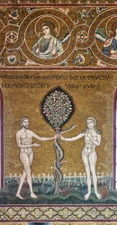 El pecado original, mosaico bizantino, ciclo del Antiguo Testamento-Paraíso terrenal, XII-XIII seg (mosaico)