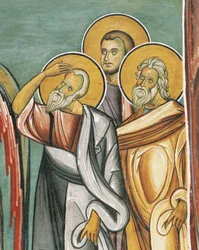 Tres personas en una iglesia, Panagia too Araka, Bizantino, Montañas Troodos, Chipre