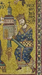crucero: el mosaico bizantino que representa al rey Guillermo II ofreciendo la Catedral a la Virgen María, detalle (mosaico)