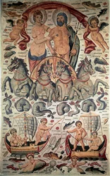 Arte bizantino: Triunfo de Neptuno y Anfitrite. Neptuno y Anfitrite desnudos en un carro tirado por cuatro caballos marinos. Mosaico del siglo III. Dim: 3,1x1,96m. Museo del Louvre, París