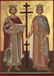 El emperador Constantino y su madre, la emperatriz Helena de Constantinopla (grabado)