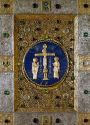 Icono que representa a Cristo en la cruz entre la Virgen y San Juan Bautista con medallones de los Cuatro Evangelistas
