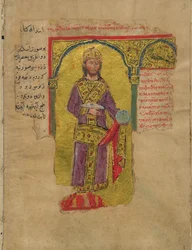 Alejandro Magno con el vestido del emperador bizantino, miniatura del romance de Alejandro, siglo XIV