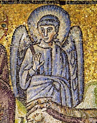 Ángel con aureola y brazo derecho levantado, siglo VI (mosaico)
