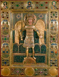 Arte bizantino: Encuadernación de Misal decorada con la representación del Arcángel San Miguel - Hojas doradas y esmaltes