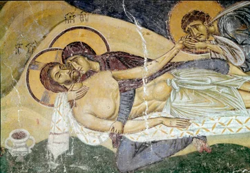 Arte bizantino: «Lamentación por la muerte de Cristo», fresco de un pintor del siglo XII. Detalle. Nerezi, San Pantaleimone, Macedonia