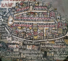Arte bizantino: mapa más antiguo de Palestina. Detalle representando Jerusalén. Mosaico del siglo VI. Madaba, iglesia de San Jorge