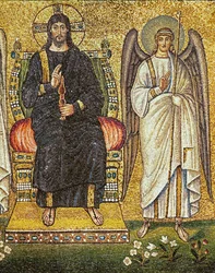 Cristo Juez entronizado con un ángel a su lado, detalle, siglo VI (mosaico)