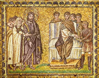 Cristo ante Pilato que se lava las manos, sumos sacerdotes y soldados romanos, siglo VI (mosaico)
