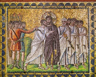 Cristo rodeado de apóstoles; es apresado por soldados romanos, siglo VI (mosaico)