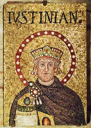 El emperador Justiniano I con corona y cetro, siglo VI (mosaico)