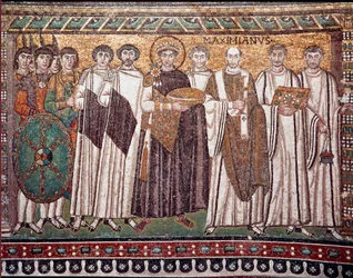 El emperador Justiniano I y su séquito de funcionarios, guardias y clérigos, hacia 547 d.C. (mosaico)