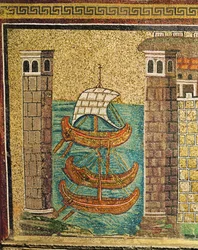 Entrada al puerto de Classe, torres portuarias y tres barcos, detalle, siglo VI (mosaico)