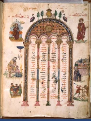 F.4v, tablas canónicas, de los Evangelios de Rabula, 586 d.C.