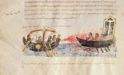 Fuego griego, Fol. 34v del Skylitzes de Madrid