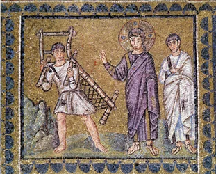 Curación del paralítico, Iglesia de San Apolinar el Nuevo de Rávena, mosaico mural, Italia, siglo VI.