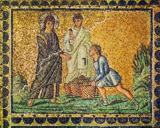 Jesús y la multiplicación de los panes, un apóstol y un hombre con cestas de pan, siglo VI (mosaico)