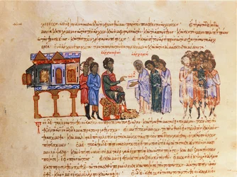 MMS Vitr 26-7 Embajador de Kiev enviado por el rey Vladimir (978-1015) es informado sobre el cristianismo por un obispo bizantino, del Skylitzes de Madrid