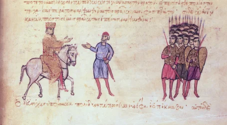 MMS Vitr 26-7 El ejército bizantino pone en fuga a los búlgaros del zar Krum, del Skylitzes de Madrid