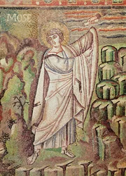 Moisés en el Monte Sinaí, figura sobre el luneto que representa la Hospitalidad de Abraham y el Sacrificio de Isaac, siglo VI (mosaico) (detalle)