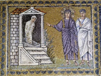 Resurrección de Lázaro, mosaico mural de la iglesia de San Apolinar, Rávena, siglo VI.