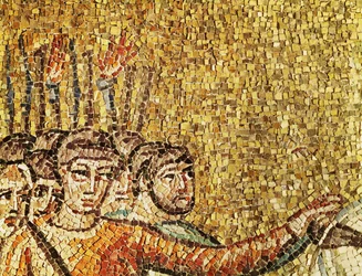Soldados romanos con antorchas, detalle de " Jesús arrestado por soldados romanos ", siglo VI (mosaico)