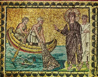 Segunda aparición de Jesucristo a los apóstoles pescadores en el lago de Galilea o lago de Genezaret, siglo VI (mosaico)