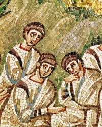 Apóstoles dormidos, detalle de Cristo y los apóstoles en el huerto de Getsemaní, siglo VI (mosaico)