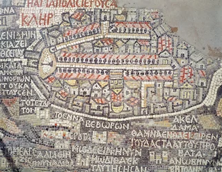 La ciudad de Jerusalén y sus alrededores, detalle del mapa en mosaico de Madaba, bizantino, siglo VI